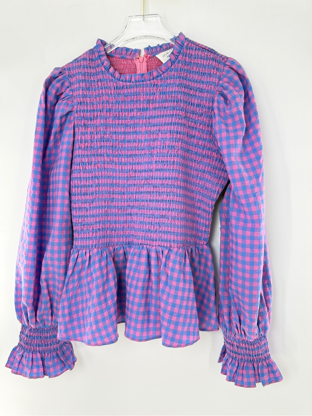 Hyacinth House Ruby Blouse Gingham Smocked Peplum Ruffle Blouse Blue Pink Size M - Picture 9 of 16
